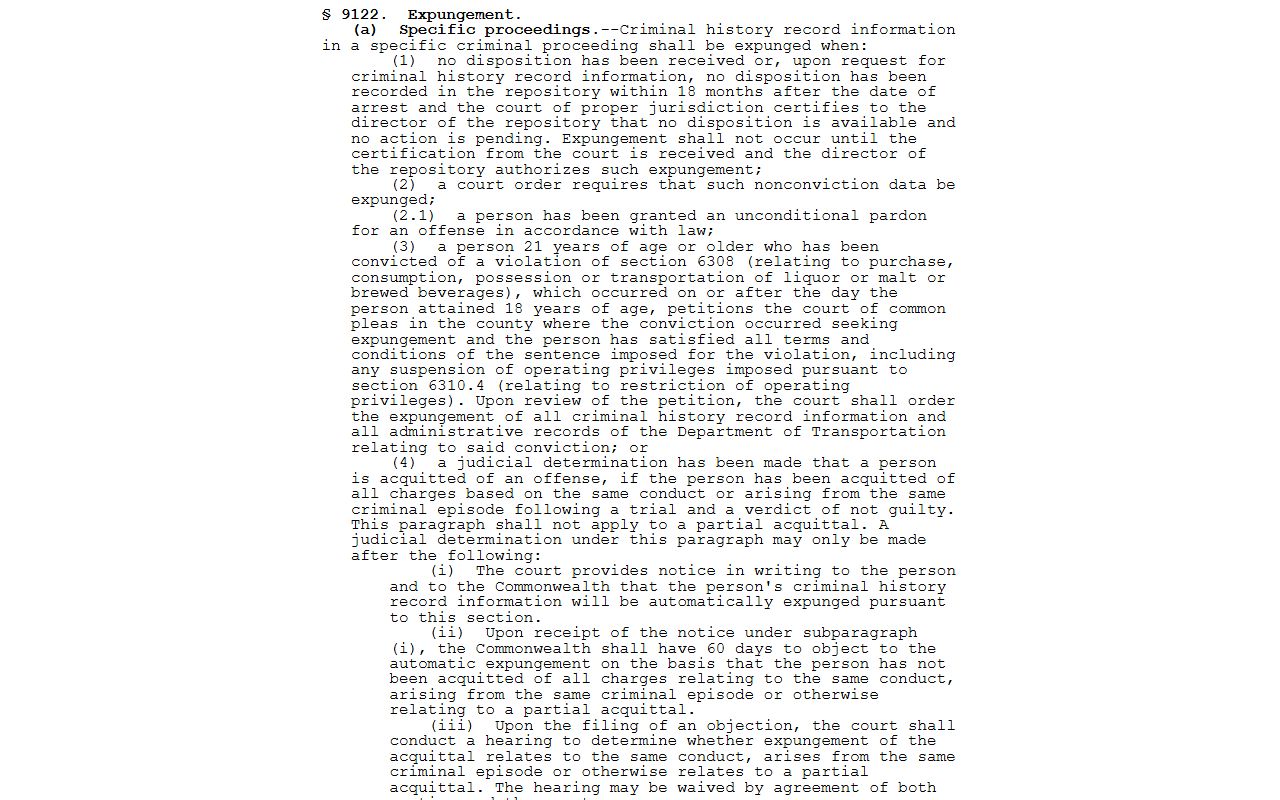 Butler County criminal court records Pennsylvania expungement statute