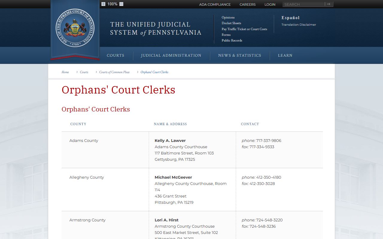 Butler County probate records UJS Orphans' Court clerks directory