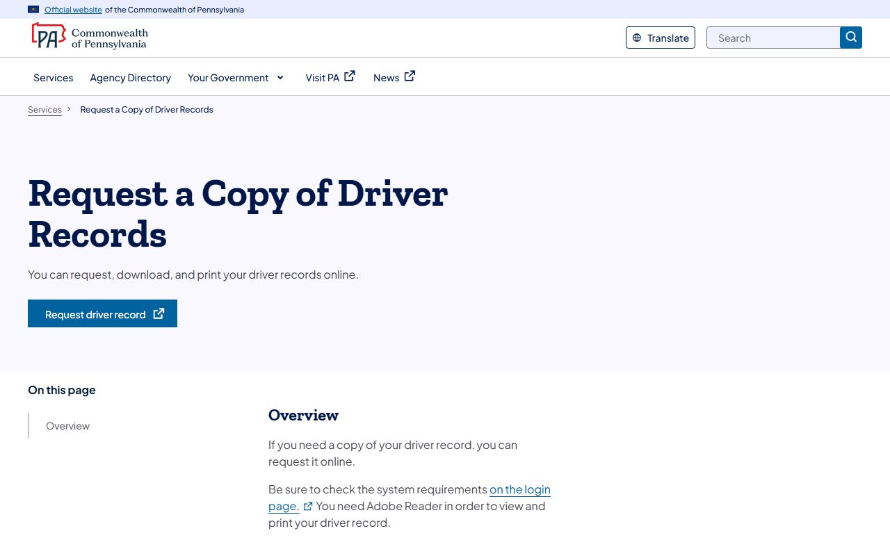 Butler County traffic court records PennDOT request page